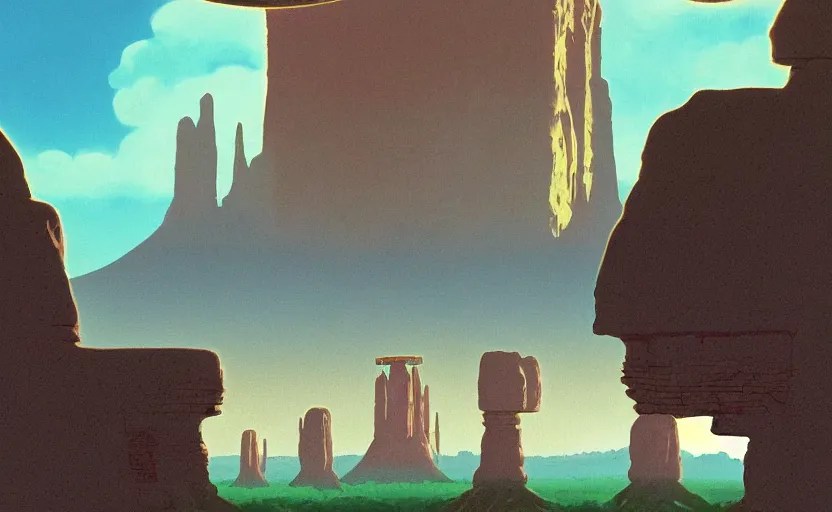 Image similar to a realistic cell - shaded studio ghibli concept art from paprika ( 2 0 0 6 ) of a multi - colored ufo from close encounters of the third kind ( 1 9 7 7 ) in a flooded monument valley temple stonehenge jungle. a giant camel is in the foreground. very dull colors, portal, hd, 4 k, hq