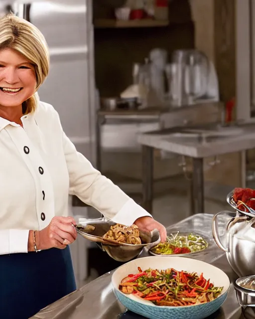 Prompt: wide shot photoshoot of martha stewart preparing a meal for her friend snoop dogg, 8 k, photorealistic