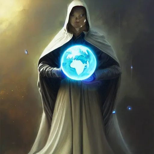 Image similar to creator of worlds wearing a cloak, masked, and holding a holographic planet projection in his hand, detailed, sci - fi, digital painting, artstation, sharp focus, illustration, ominous, artgerm, tomasz alen kopera, peter mohrbacher, donato giancola, joseph christian leyendecker, wlop, frank frazetta