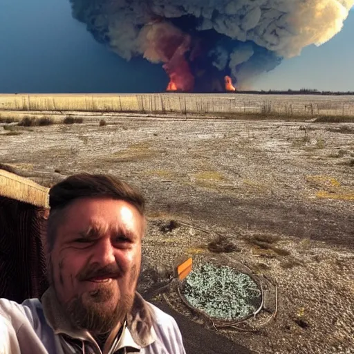 Image similar to radiation eats a ukrainian alive a selfie a second before death, against the backdrop of a huge nuclear explosion from which the skin has already burned to the bone