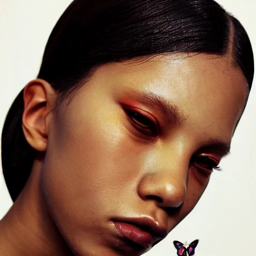 Prompt: realistic! photoshoot for a new balenciaga lookbook, color film photography, portrait of a beautiful woman, woman has a butterfly on her face, photo in style of tyler mitchell, 35mm lens