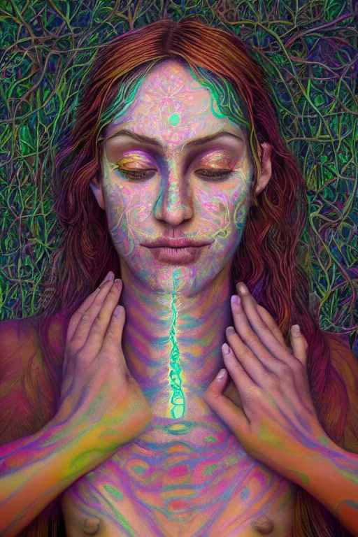 Prompt: ayahuasca tripping girl third eye open, chakra energy waves resonating from her body, ethereal aura, epic surrealism 8k oil painting, portrait, perspective, high definition, post modernist layering, by Sean Yoro, Casey Weldon