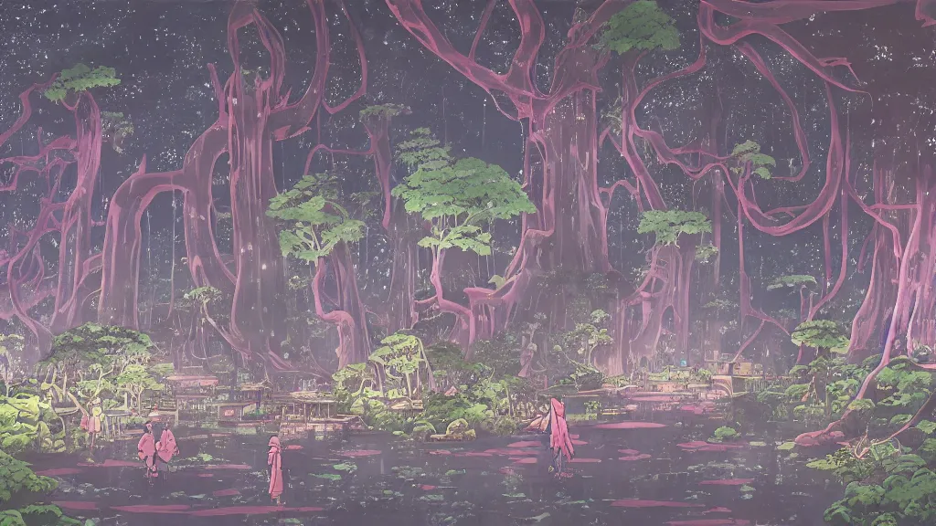 Prompt: tokyo japan with overgrown bioluminescent fungus and strangler fig, anime background, interior, gouache, hand painted, in the style of kazuo oga, studio ghibli