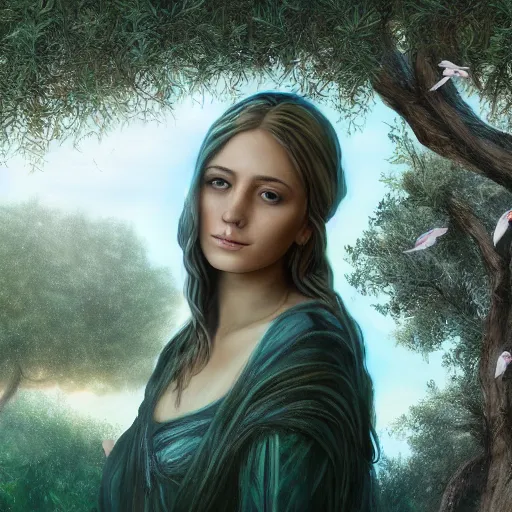 Prompt: portrait of ancient young beautiful woman on earth between olive trees and doves of peace in primeval waters, dynamic lighting, cinematic, establishing shot, extremely high detail, photo realistic, cinematic lighting, oil painting, intricate line drawings