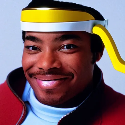 Prompt: Geordi La Forge wearing visor and a colander and random kitchen tools on his head