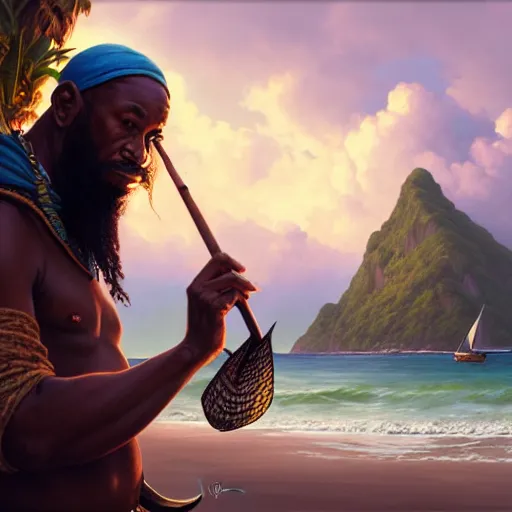 Prompt: fisherman, male, Jamaican, wide angle, open sea, D&D, fantasy, intricate, elegant, highly detailed, digital painting, artstation, octane render, concept art, matte, sharp focus, illustration, hearthstone, art by Artgerm and Greg Rutkowski and Alphonse Mucha