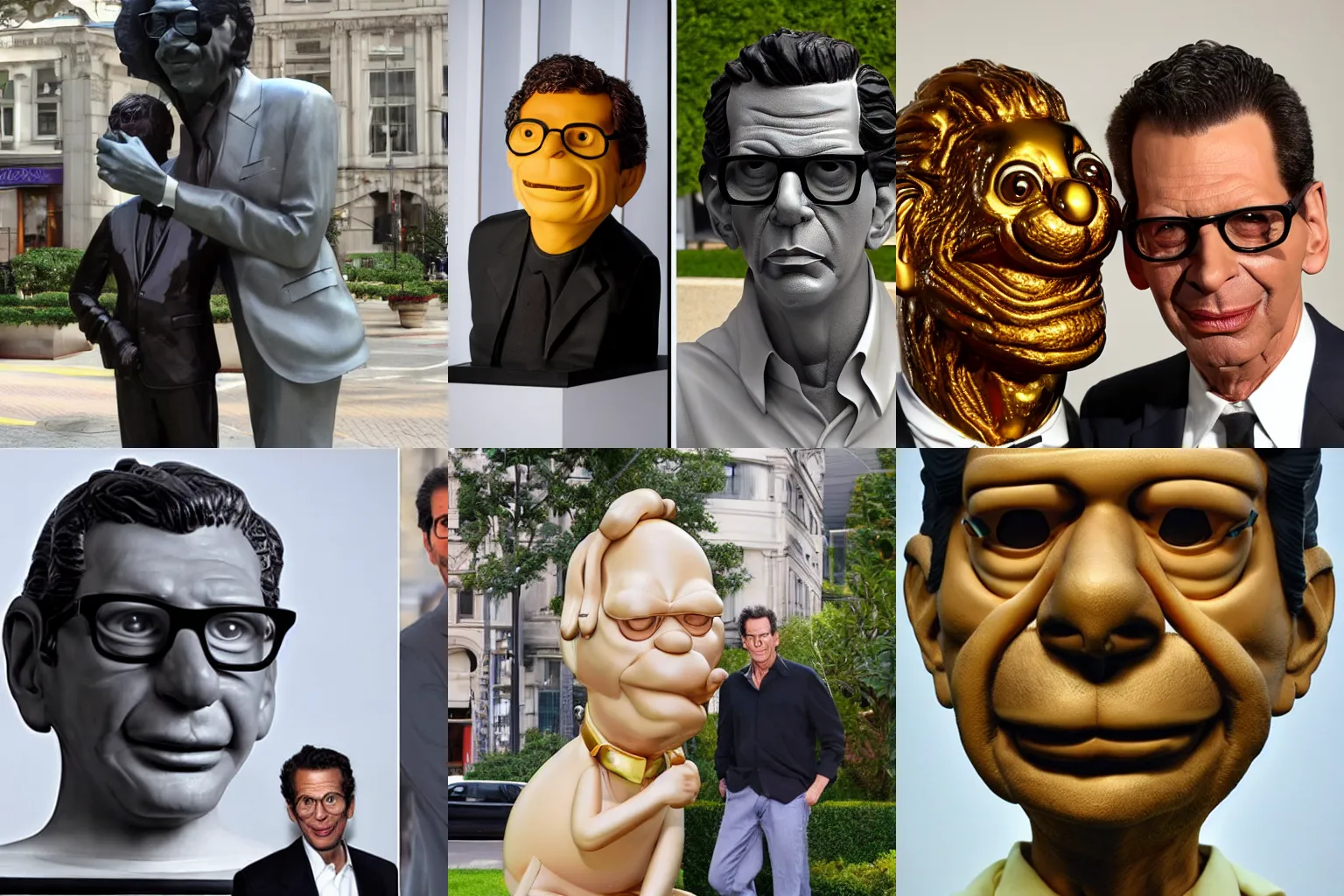 Prompt: jeff koons sculpture that looks like jeff goldblum and garfield