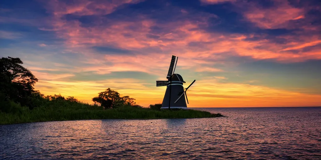 Prompt: Beautiful award winning photograph of a pretty sunset with an island floating in the sky, with a windmill on top, 4k