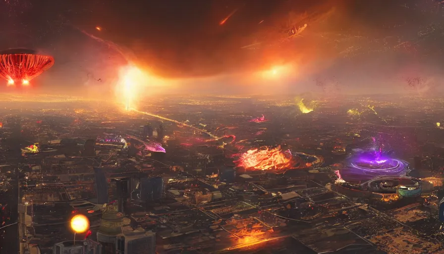 Image similar to humongous ufo upon las vegas destroying the city with alien laser, destruction, explosion, fire, smoke columns, ashes, hyperdetailed, artstation, cgsociety, 8 k