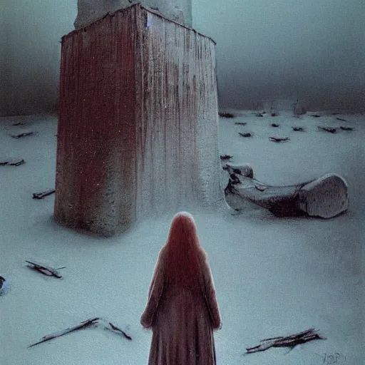 Image similar to a suureal painting of a lonely woman with pale skin and long red hair standing over a pile of bodies in post - apocalyptic snowy landscape, surrealism, by zdzislaw beksinski, by dariusz zawadzki, by john jude palencar