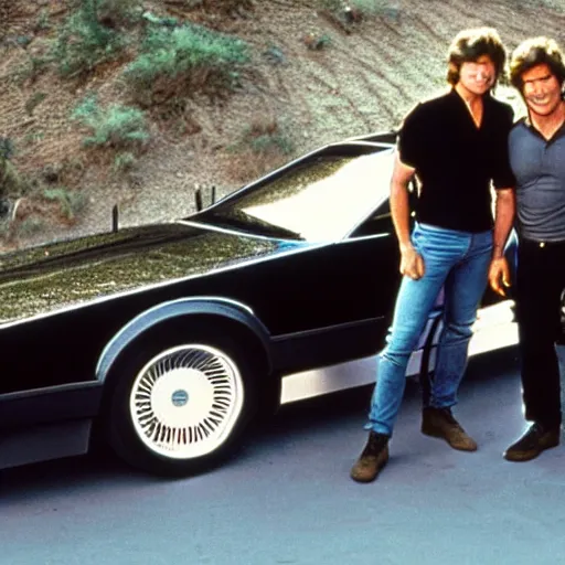 Image similar to a photo taken on the set of the tv show knight rider in 1 9 8 2, showing kitt the car from the series with michael knight posing in front