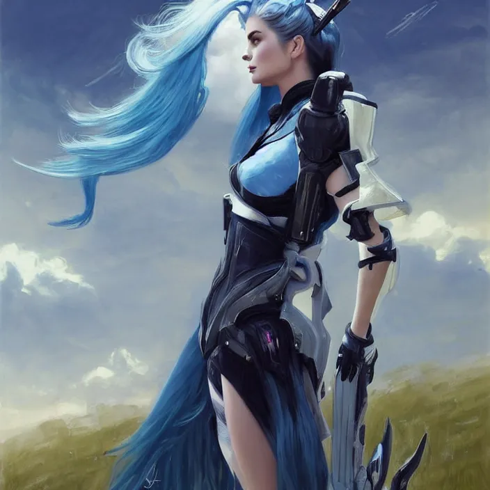 Prompt: portrait of a combination of Ashley Greene, Adriana Dxim, Grace Kelly and Lily Collins with blue hair wearing Warframe armor, countryside, calm, fantasy character portrait, dynamic pose, above view, sunny day, thunder clouds in the sky, artwork by Jeremy Lipkin and Giuseppe Dangelico Pino and Michael Garmash and Rob Rey and Greg Manchess and Huang Guangjian and Makoto Shinkai, very coherent asymmetrical artwork, sharp edges, perfect face, simple form, 100mm