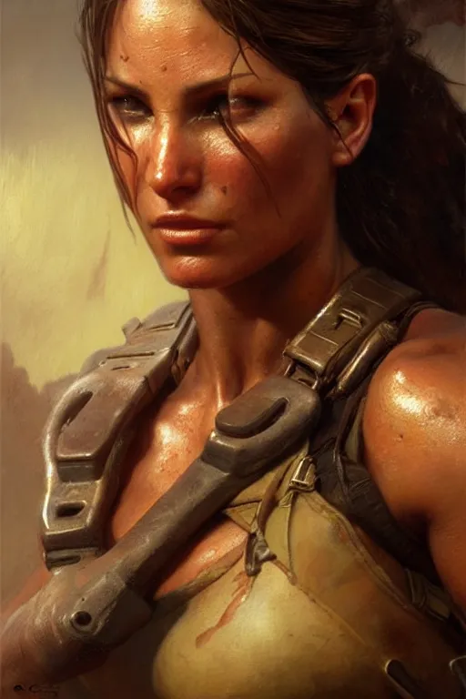 Image similar to muscular sweat lara croft, exhausted face close up, highly detailed painting by gaston bussiere, craig mullins, j. c. leyendecker 8 k