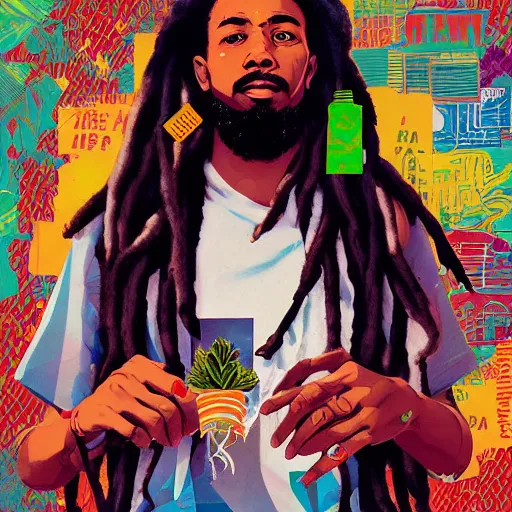 Prompt: Hightimes magzine Dreadlock Rasta cover by Sachin Teng, asymmetrical, Matte Painting ,paint pour smoke, geometric shapes, marijuana, hard edges, energetic, graffiti, street art:2 Masterpiece, high detail, by Sachin Teng:4