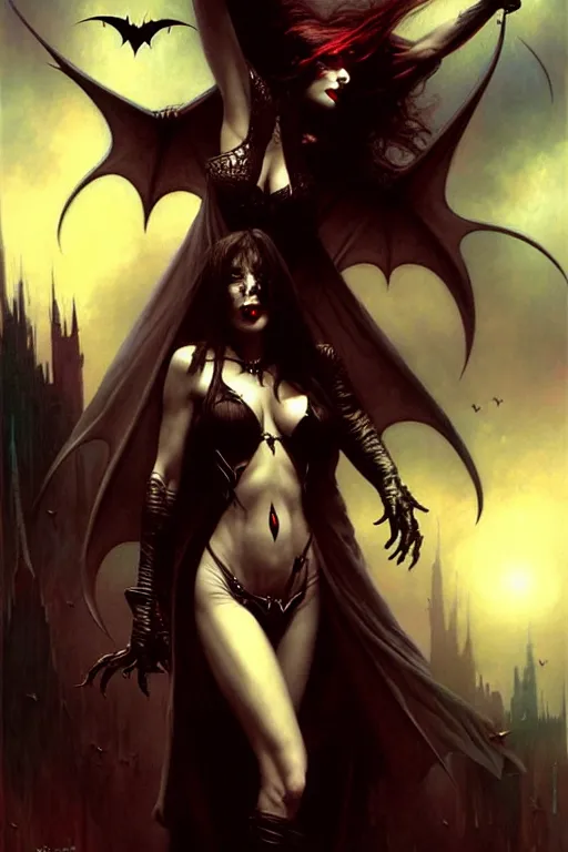 Prompt: evil female vampire, highly detailed, realistic style. night sky with bats. by raymond swanland, gaston bussiere, simon bisley