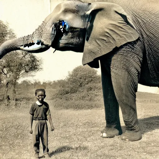 Image similar to an extremely detailed photo by john l. gaunt of a small boy standing next to an elephant with an extremely long trunk