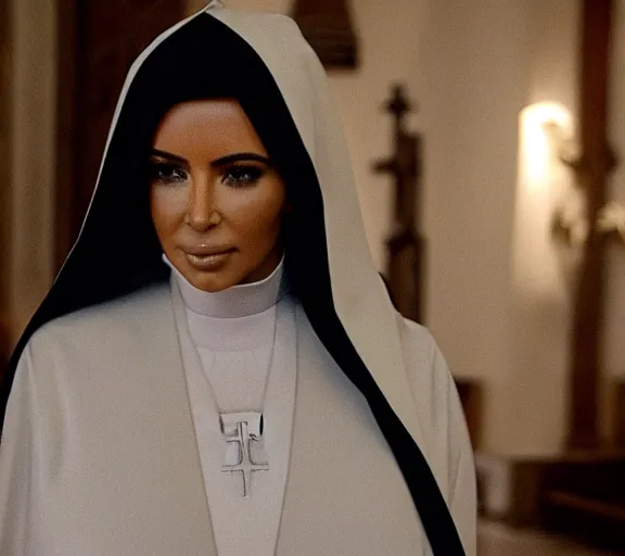 Image similar to a movie still of kim kardashian with a priest as a nun on the alter of a church.