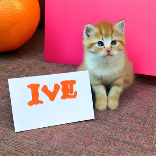 Image similar to cute fluffy orange tabby kitten with a sign that says