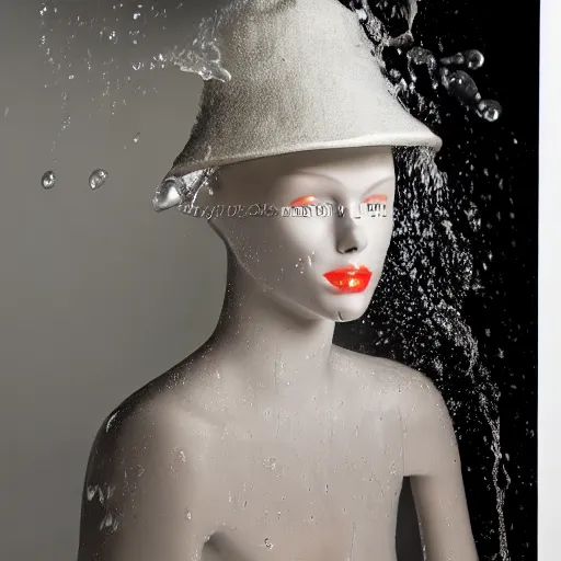 Image similar to a beautiful hat made out of a splashing water, on a mannequin. high quality, high resolution, studio lighting