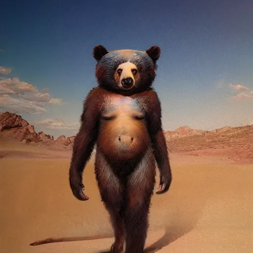 Image similar to a stunning hyperrealistic bear from the movie Annilihation walking through an arid minimalistic desert with harsh noon sunlight with an oasis in the background, award-winning, masterpiece, in the style of Tom Bagshaw, Cedric Peyravernay, Peter Mohrbacher