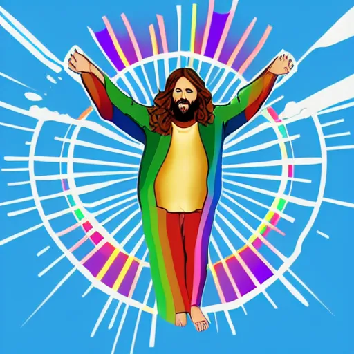 Prompt: Jesus wear a rainbow t-shirt and walks on water, front view, Fullbody, realistic, Photograph, 4k