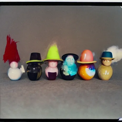 Image similar to polaroid of figures made from coloured smoke and eggshells, wearing funny hats and huge masks