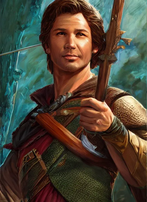 Prompt: archer robin hood, ultra detailed fantasy, dndbeyond, bright, colourful, realistic, dnd character portrait, full body, pathfinder, pinterest, art by ralph horsley, dnd, rpg, lotr game design fanart by concept art, behance hd, artstation, deviantart, hdr render in unreal engine 5