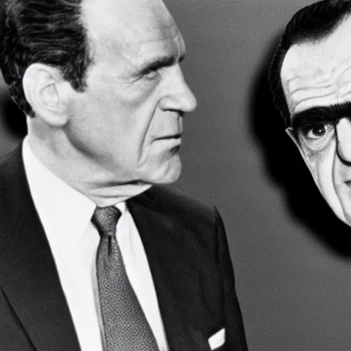 Image similar to presidential debate between waluigi and richard nixon, 1 9 6 0, still, photograph, photo, black and white