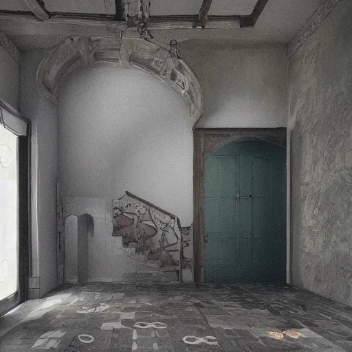 Image similar to A stunningly beautiful award-winning 8K dutch angle cinematic movie photograph looking up a staircase toward the room of the first female Catholic priest possessed by a demon. perfect composition, moody low key. Color palette from Seven, greens yellows and reds. 2 point perspective. Octane render