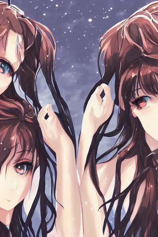 Prompt: two identical beautiful female idols standing face to face, symmetrical, detailed anime art