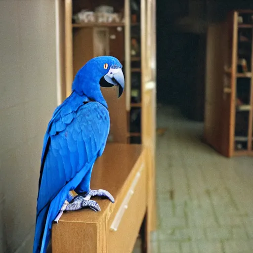 Prompt: Hyacinth macaw lost in backrooms, cinematic shot, cinestill 800 t