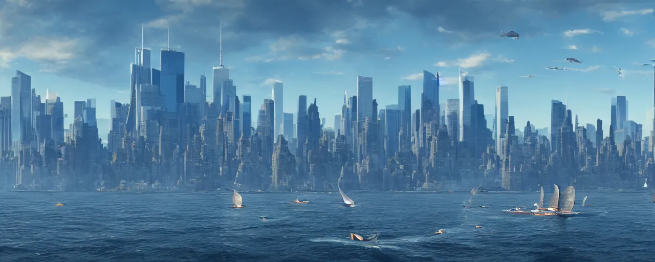 Prompt: huge blue whales sailing over the skyline over new york city, 8 k uhd, unreal engine, octane render in the artstyle of finnian macmanus, john park and greg rutkowski