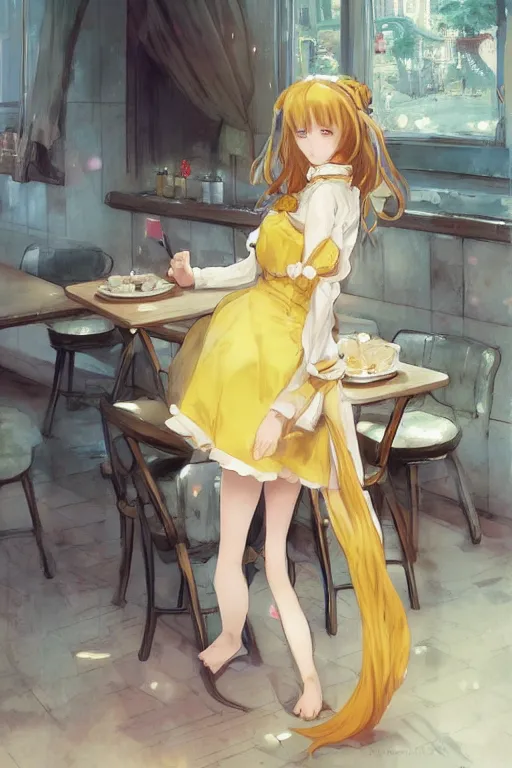 Image similar to A girl in a maid's outfit in a cafe a afternoon, wavy hair yellow theme,S line,45 angel by krenz cushart and range murata and greg rutkowski