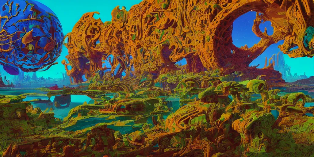 Image similar to striking colours vivid, gaps holes, neonothopanus, creatures, metropolis in distance, moons, realistic landscape art by roger dean, reflections, art by michael whelan, organic textures, seedpods, art by kilian eng, moebius artwork, ultrawide angle, hires 8 k detailed natural textures