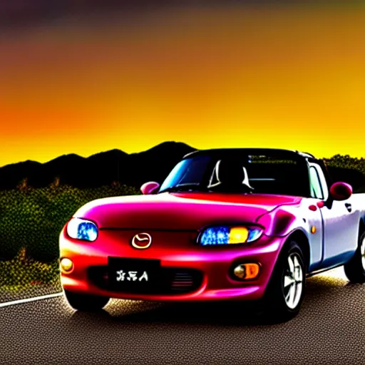 Image similar to a car Mazda Miata in middle of road, gunma prefecture, city sunset night, cinematic color, photorealistic, highly detailed