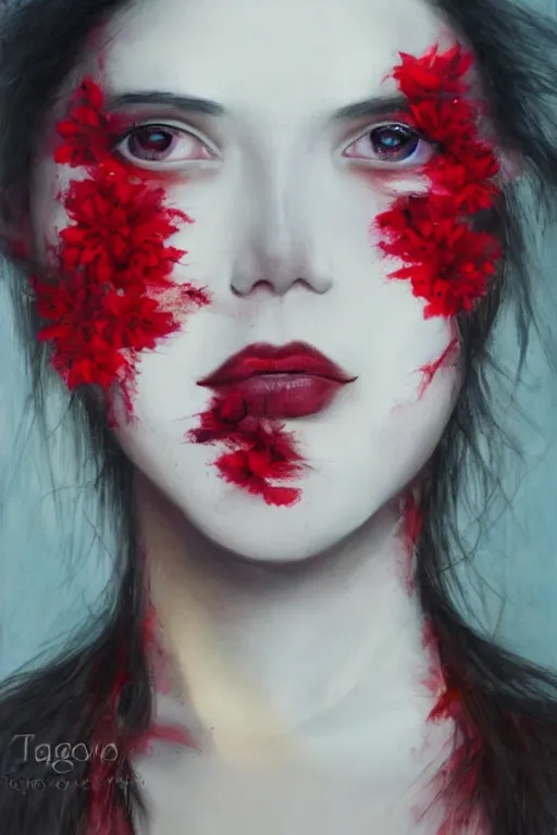 Prompt: beautiful woman's fractured face blended with red flowers jacky tsai style, pale skin, make up, acrylic on canvas