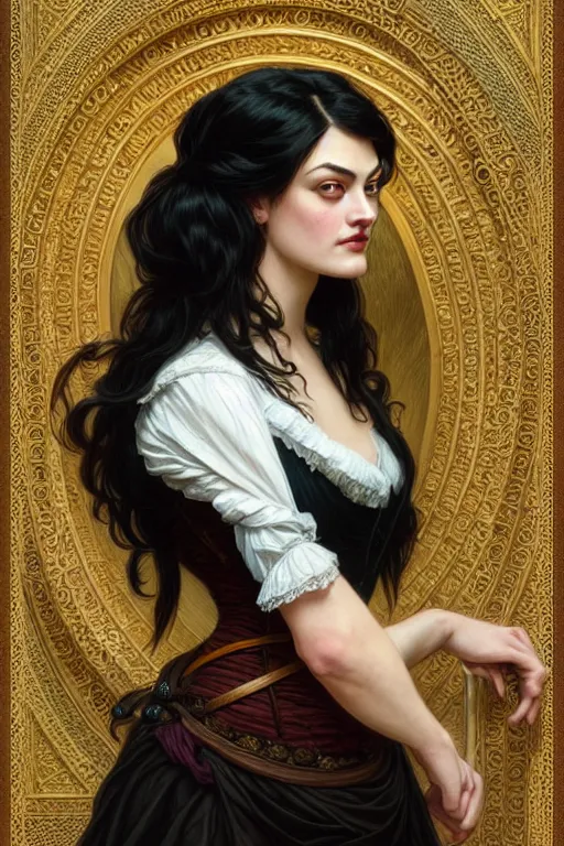 Prompt: Phoebe Tonkin dressed in Victorian fashion with black hair, library background, D&D, fantasy, intricate, elegant, highly detailed, digital painting, artstation, concept art, matte, sharp focus, illustration, art by Artgerm and Greg Rutkowski and Alphonse Mucha
