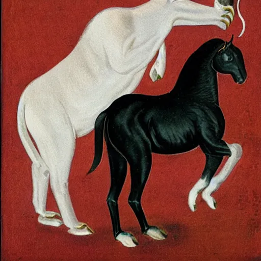 Image similar to A creature with a white ape on the upper body and black horse legs