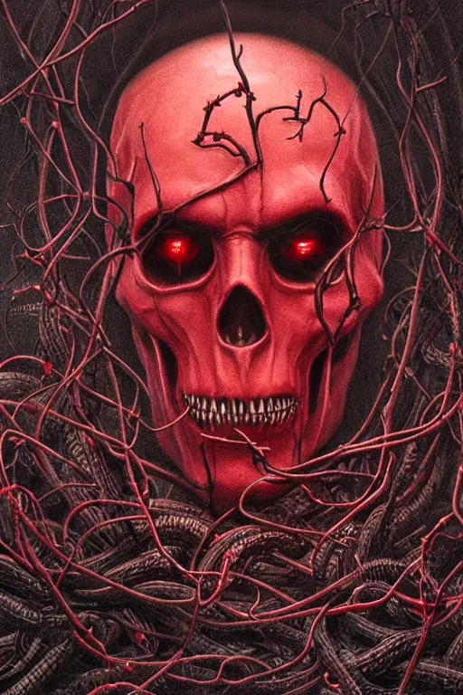 Prompt: realistic portrait beautiful detailed matte painting of cinematic movie scene a bleeding red skull, tentacles, black and red, thorns, vines, horror, created by gustave dore and greg rutkowski, high detailed, smooth draw, synthwave neon retro, intricate, realistic proportions, dramatic lighting, trending on artstation.