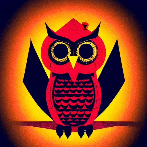 Image similar to an owl on the top of pyramid, darkest night, red eyes glowing, illustration, alan moore, watchmen, colorful, less saturation, grain, noise, avant garde, nft style, circle frame, rose black frame, coin look a like