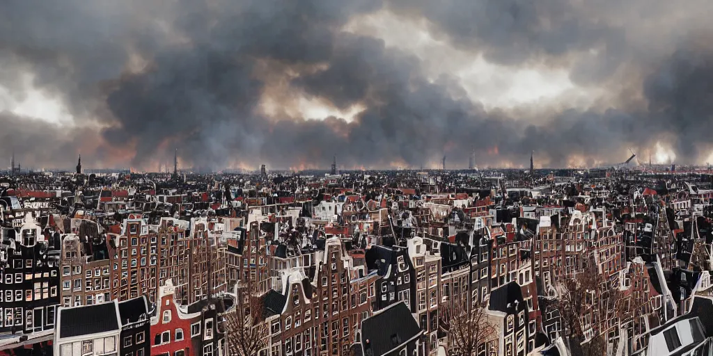 Image similar to the rooftops of amsterdam during a catastrophic fire. moody dark skies lit up by fire. photography