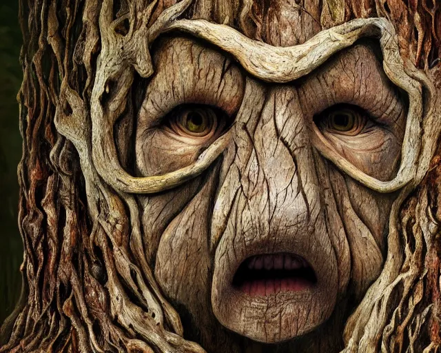 Prompt: a talking tree, a face in the bark, nose made of wood, mouth in the bark, eyes in the bark, fantasy concept art, fantasy oil painting, hyperrealistic, treebeard, ents, magical, highly detailed, artstation, cgsociety, in the forest