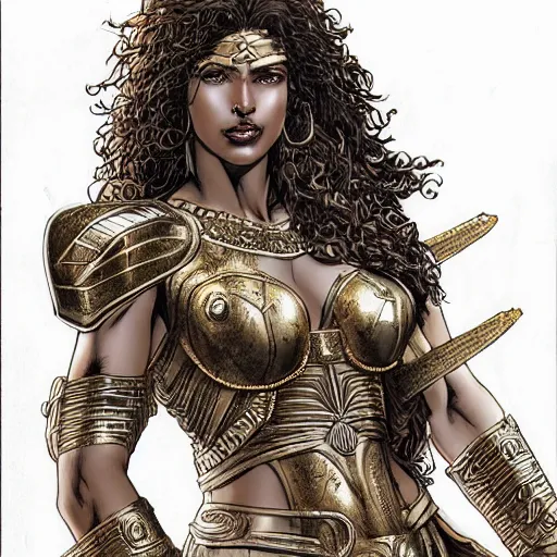 Prompt: greek amazon warrior, a tall beautiful woman with brown skin and long curly dark hair, dressed in hellenistic body armour, intricate, elegant, highly detailed, smooth, sharp focus, detailed face, high contrast, graphic novel, art by ardian syaf,