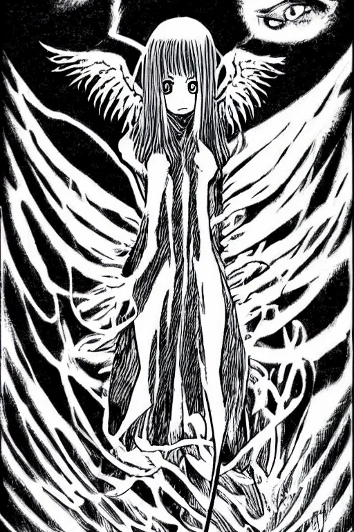 Prompt: angel of death smiling in the dark night, by junji ito with shiver manga art style