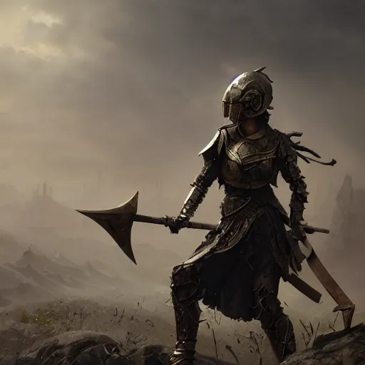 Image similar to an woman wearing metal scrap armor and an helmet holding an axe, Matte painting , detailed painting, made by Greg Rutkowski, 4k, atmospheric