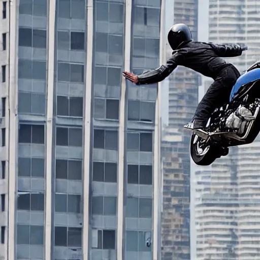 Image similar to Tom cruise jump from a building with a motorcycle