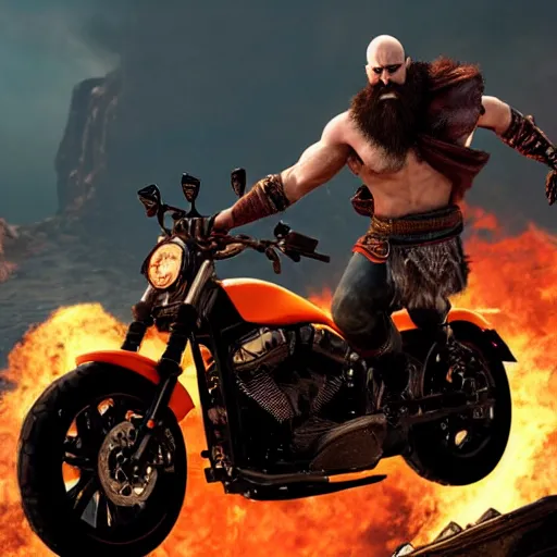 Image similar to kratos jumping a black harley - davidson motorcycle off a cliff, cinematic render, playstation studios official media, god of war 2 0 1 8, flames, centered