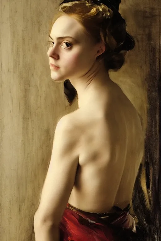 Prompt: beautiful oil matte portrait en buste, annasophia robb, art by anders zorn, wonderful masterpiece highly detailed, beautiful cinematic light deep focus, elegant, digital painting, smooth, sharp focus, golden ratio, dramatic illumination, ultra realistic, 8 k, art by artemisia lomi gentileschi and caravaggio