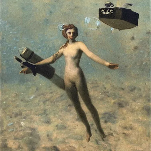 Image similar to underwater humanoid diving robot by alfred stevens