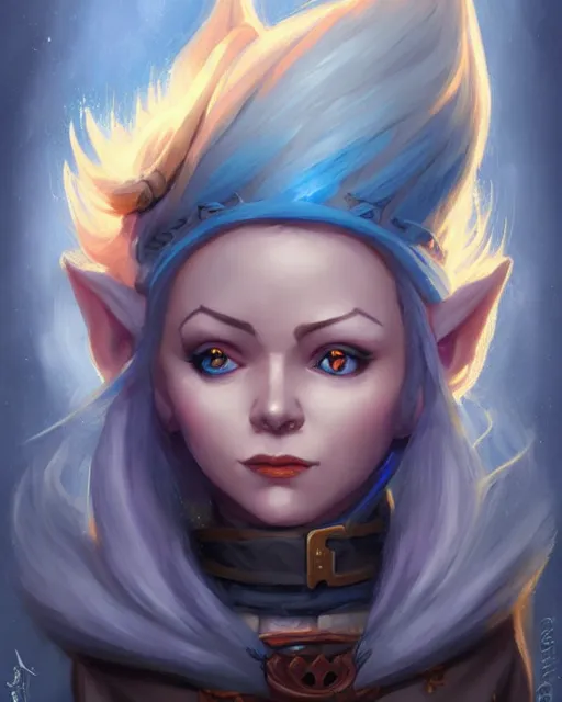 Image similar to female gnome artificer with blue hair, young adult, pretty, beautiful, dnd character art portrait, matte fantasy painting, deviantart artstation, by jason felix by steve argyle by tyler jacobson by peter mohrbacher, cinema